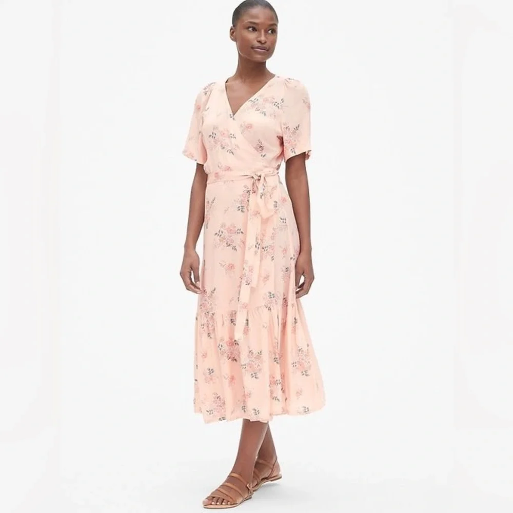 GAP Pale Pink Floral Wrap Midi Dress